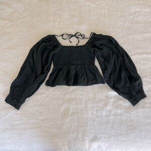 American Eagle AE Women's Long-Sleeve Smocked Blouse | Black, XS